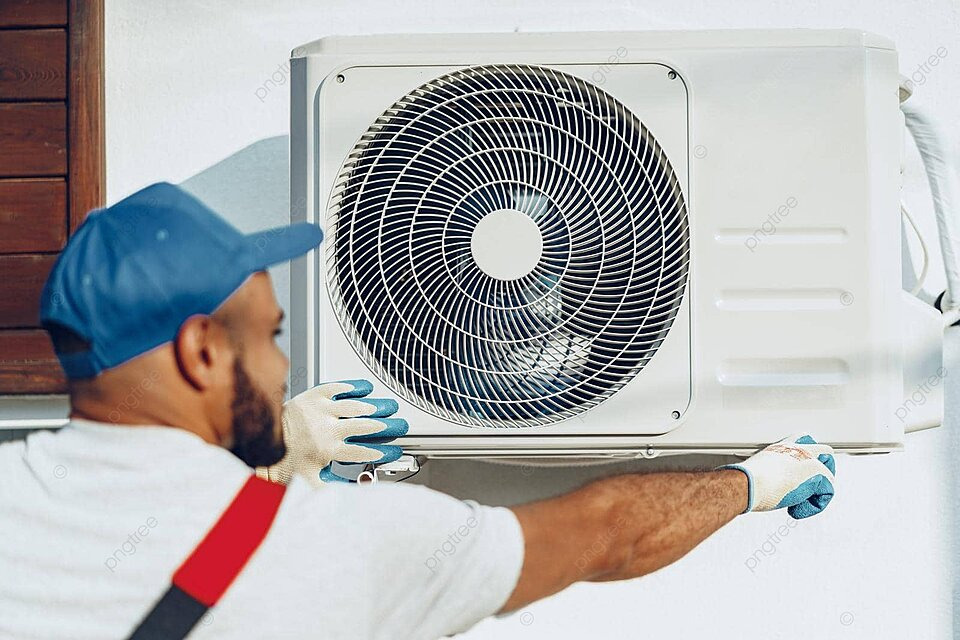 pngtree uniformed repairman installing the exterior unit of an air conditioning system photo image 43097446