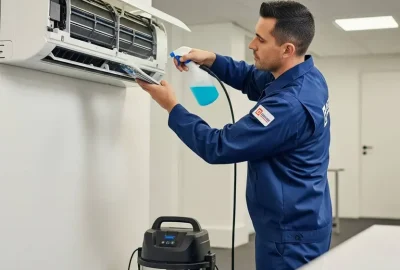 فني يقوم بتنظيف وتعقيم التكييف